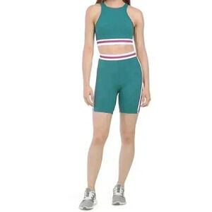 WILO the Label Women's Contour Bra & Rib Bike‎ Short Set Green/Pink Activewear